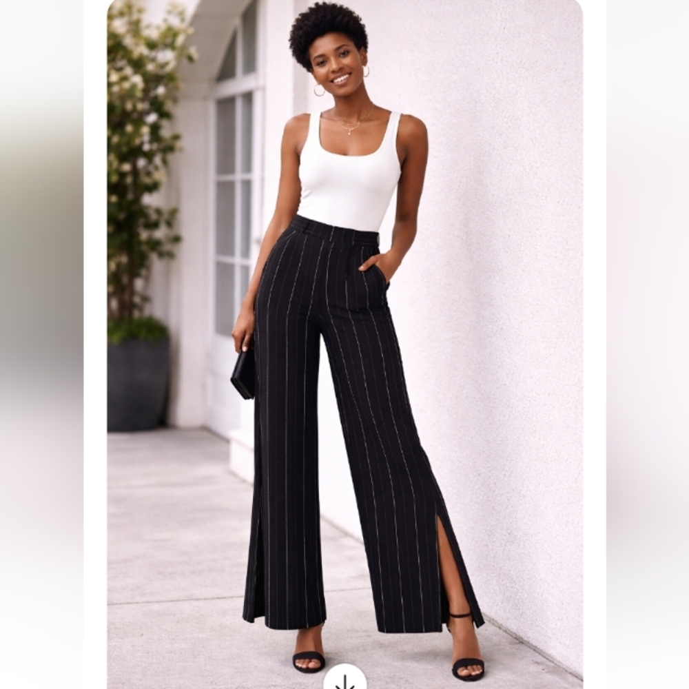 Alberto Makali Black & White Striped Wide Leg Pants with Side Slits | Size 8